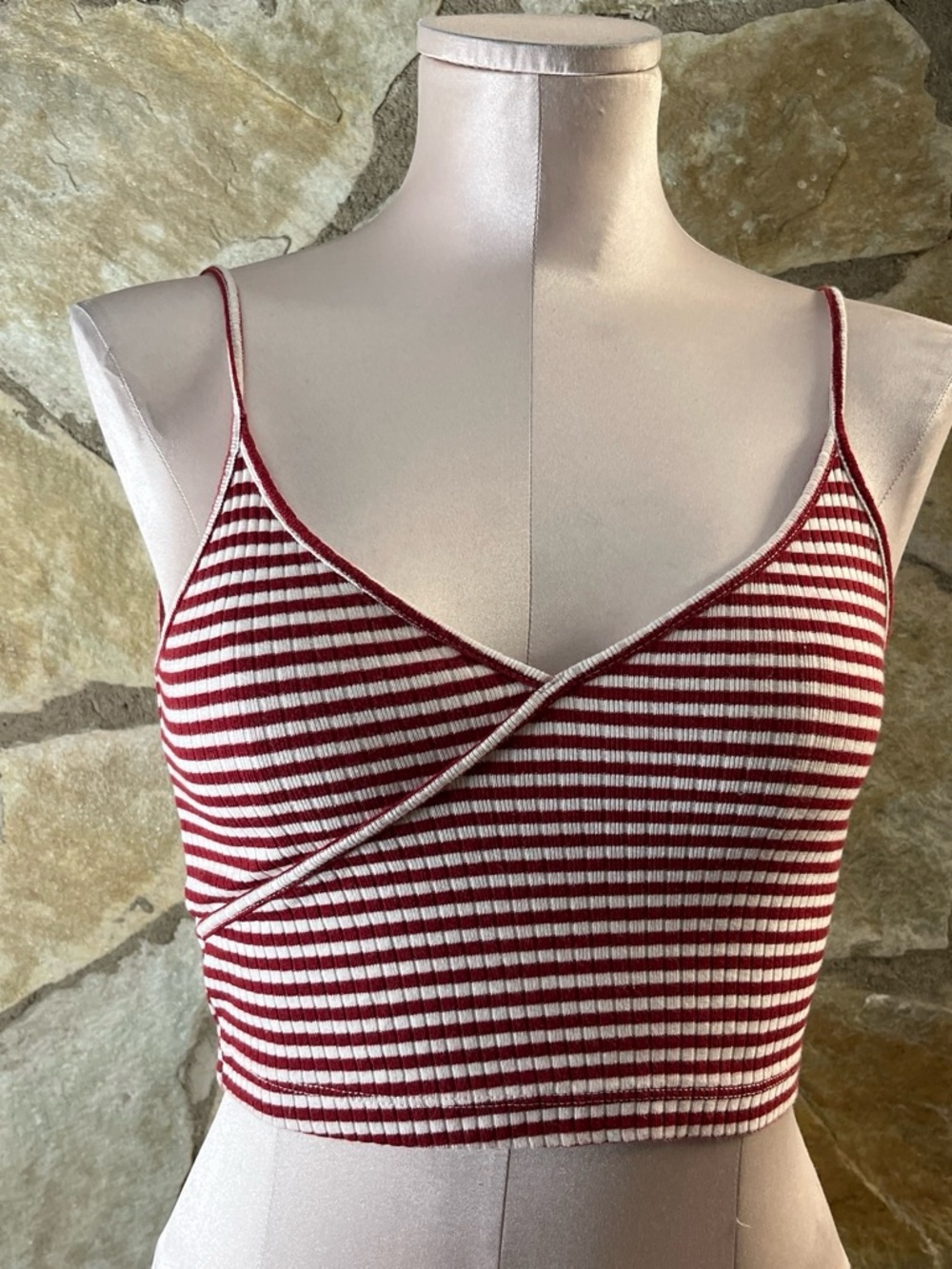 Topshop Red White Striped Ribbed Wrap Crop Tank Top Size US 4